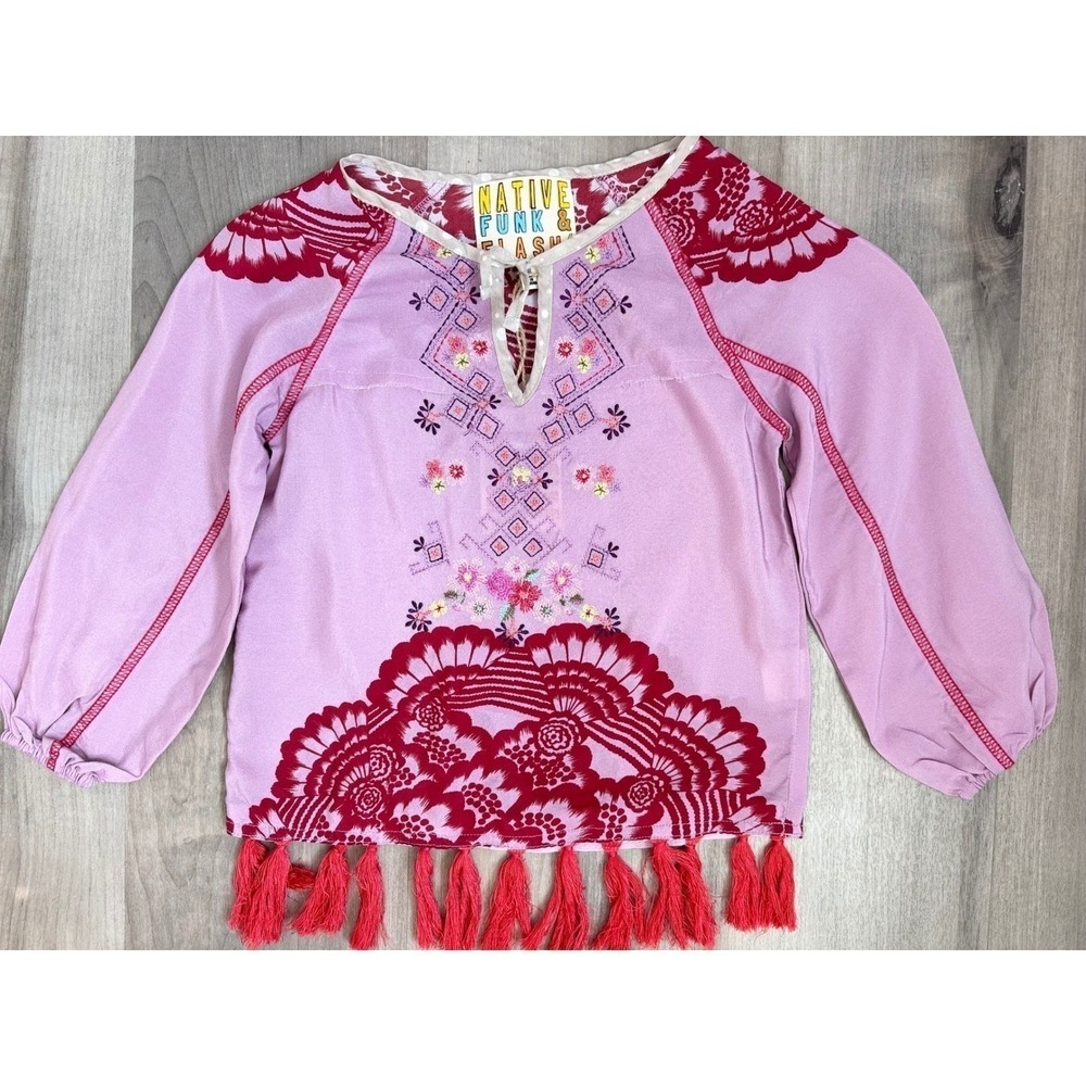 NWT Native Funk & Flash Girls 100% Silk Embroidered Tassel Peasant Blouse Size 6